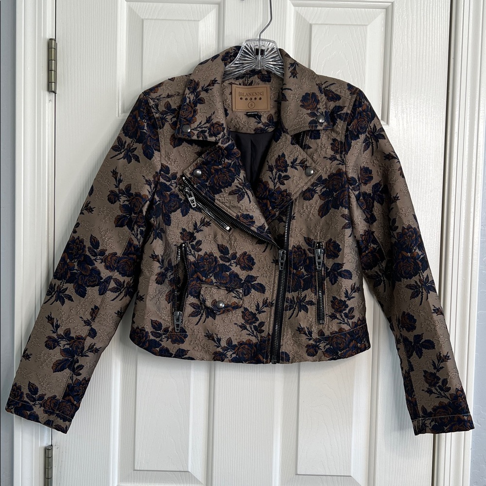 Blank NYC Taupe Floral Jacquard Moto Jacket with Navy Floral Accents